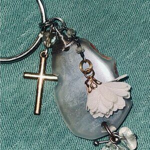 Handmade Silver, Gold & Rock w Cross & Flower Keychain